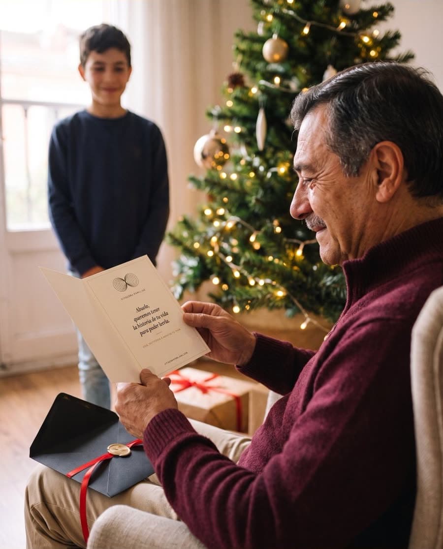 Un abuelo abre una tarjeta de regalo junto al arbolito de Navidad